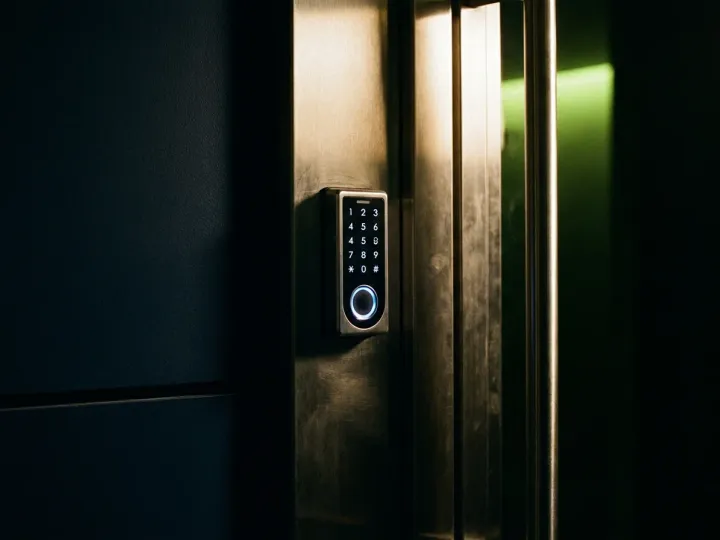 Pros On Call technician programming a keypad entry system at a commercial door in Austin, Texas.