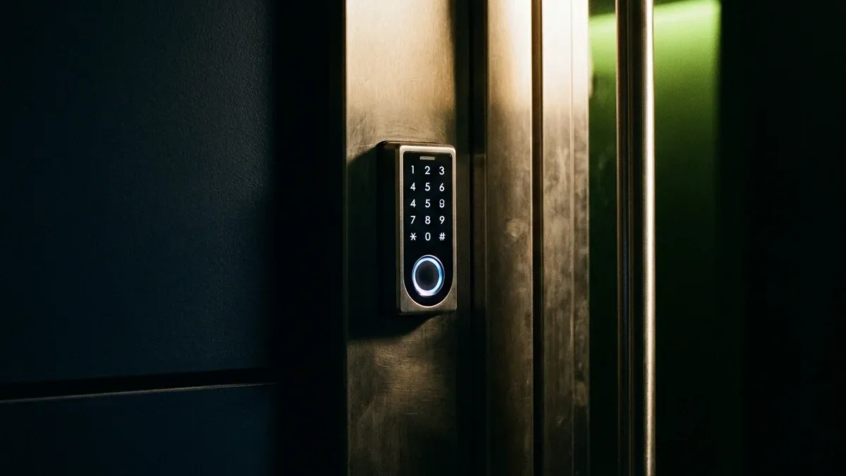Keypad and fingerprint reader mounted beside a commercial door in Austin TX, installed by Pros On Call