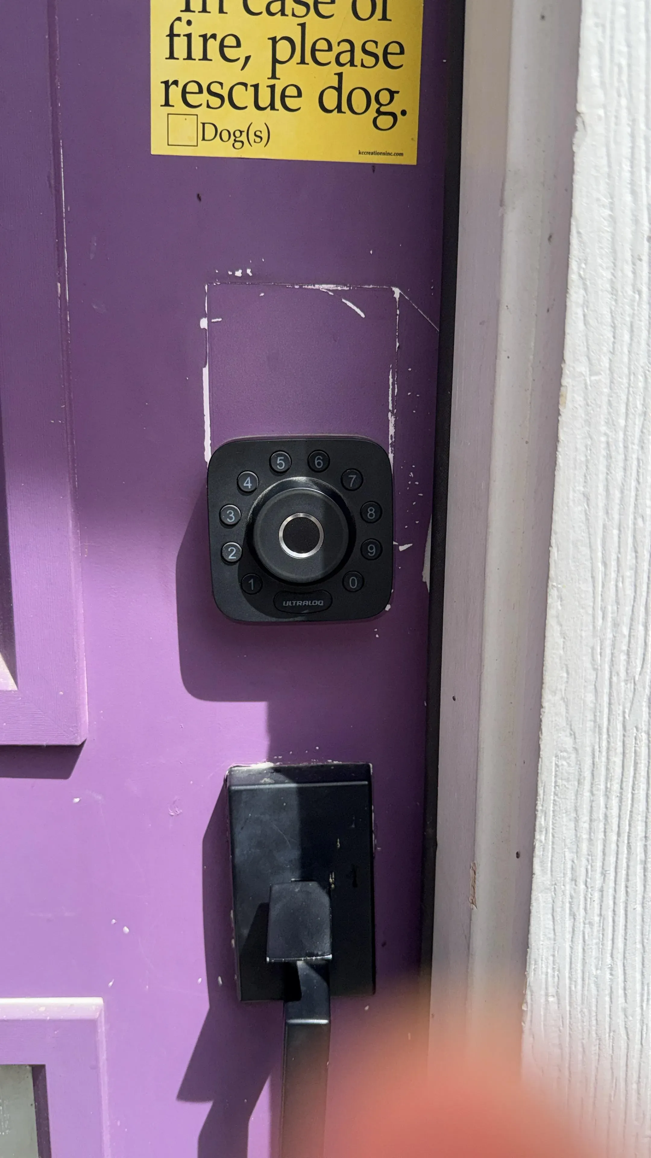 Fingerprint biometric reader mounted on a purple commercial door in Texas