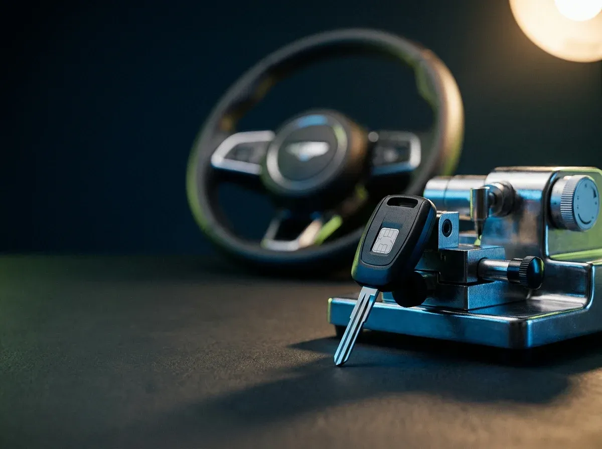 Automotive locksmith cutting transponder key in Austin