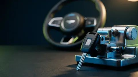 Pros On Call automotive locksmith cutting a transponder key for a vehicle in Austin TX