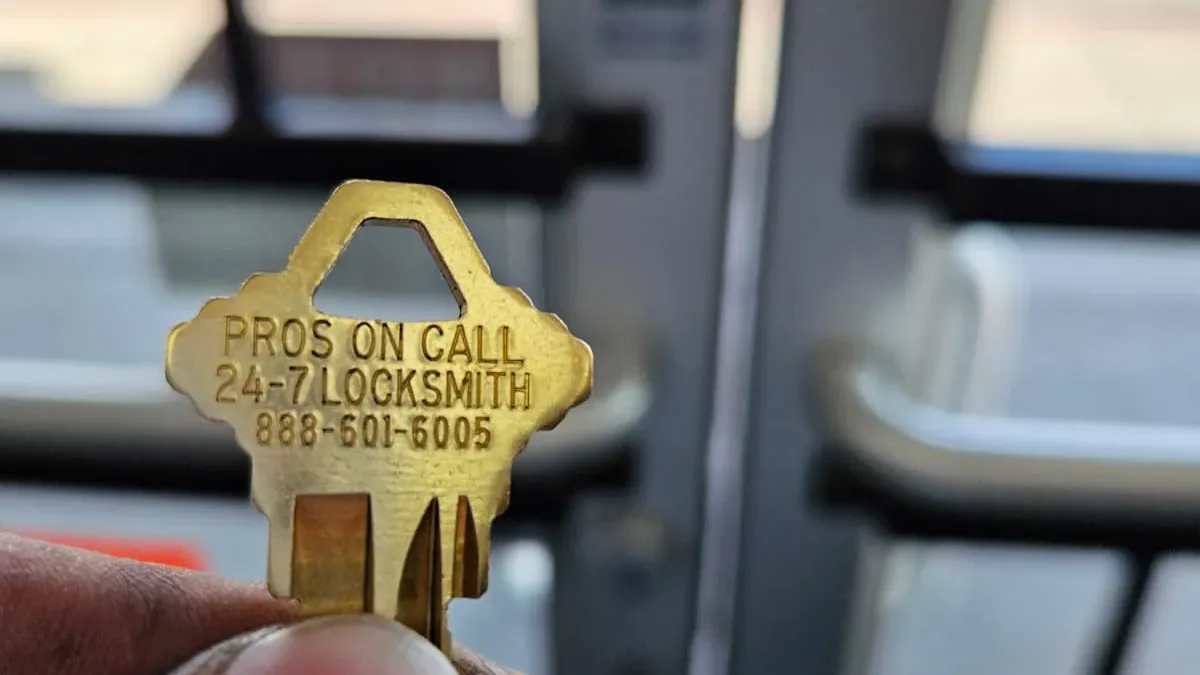 Pros On Call branded brass key displayed at a legitimate commercial locksmith storefront in Austin TX
