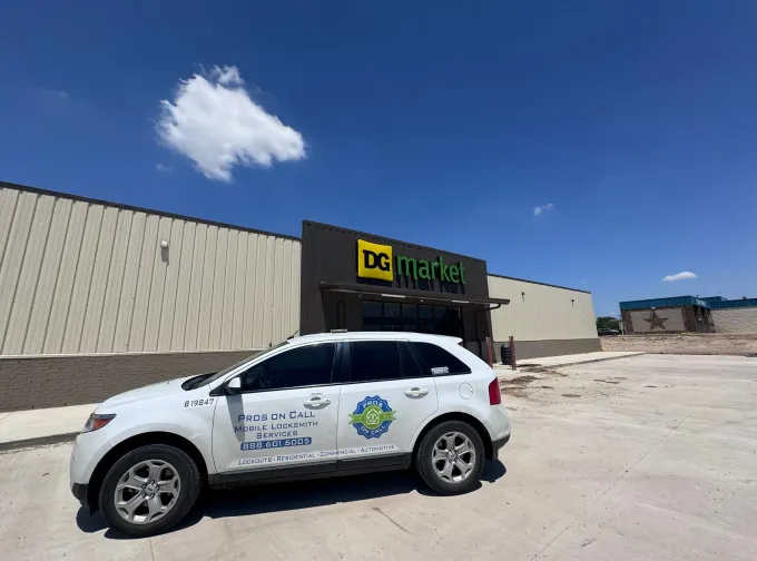 Pros On Call white Ford Edge SUV service vehicle at commercial lot in McAllen Texas