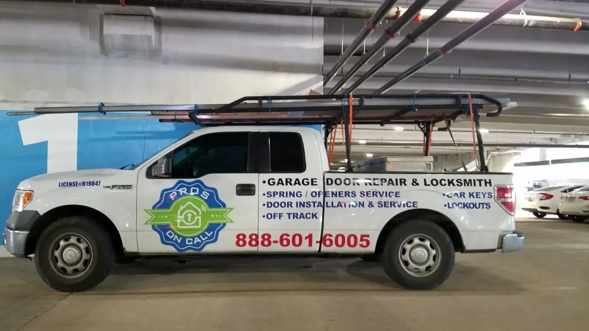 Pros On Call Ford F-150 truck with service list parked outside a Texas garage, representing a professional repair company