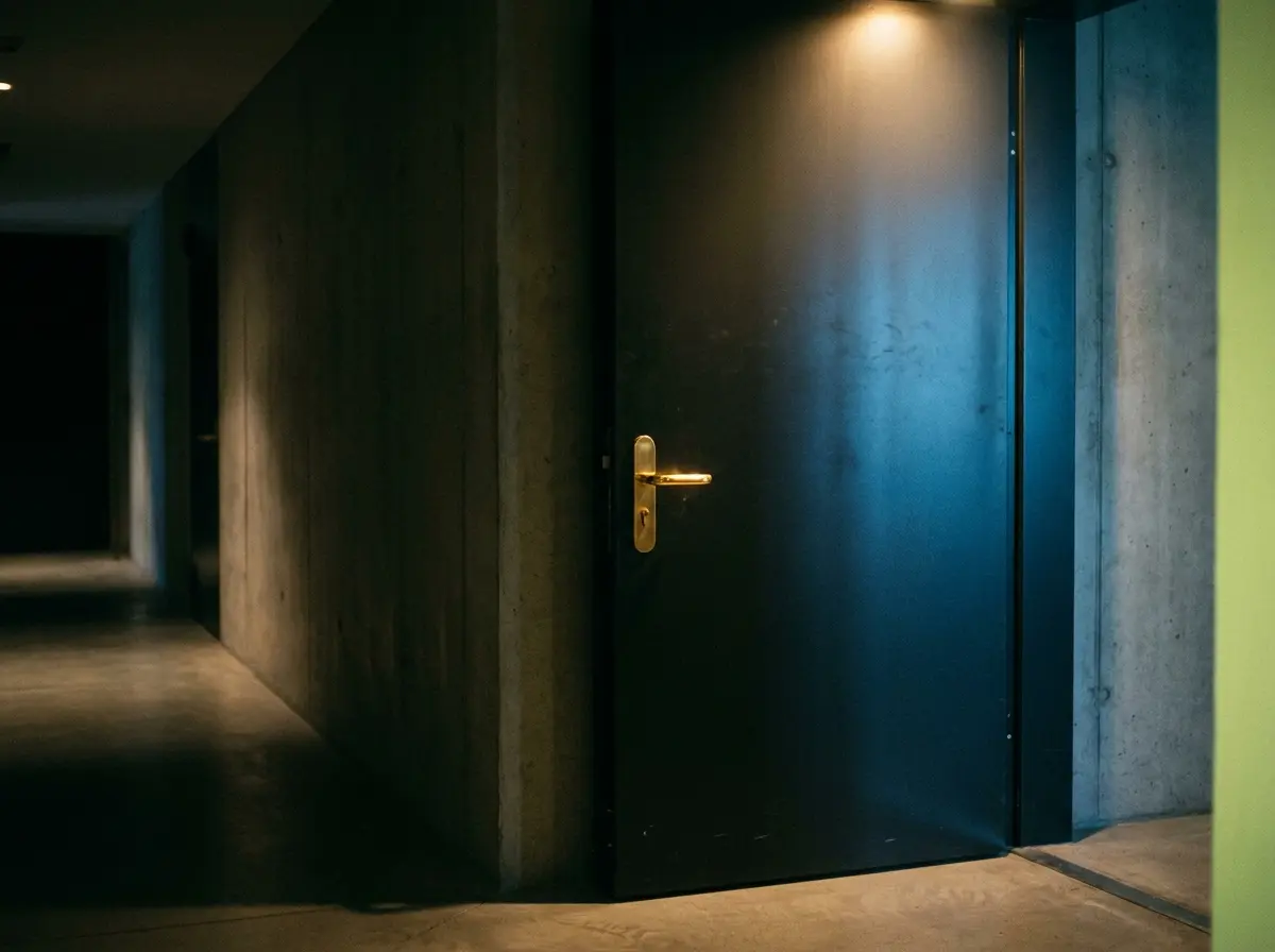 Heavy matte-black steel commercial entry door with a polished brass lever handle - Pros On Call Austin door services