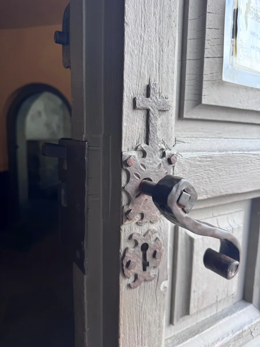 Ornate antique escutcheon and carved door hardware on a residential door