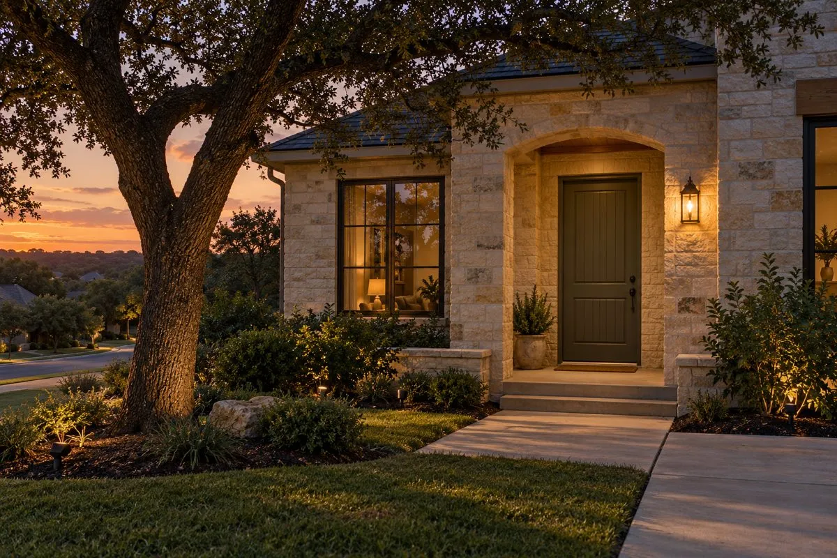 Front porch of a limestone-trimmed home at dusk with a closed door, deadbolt and a live oak in the yard