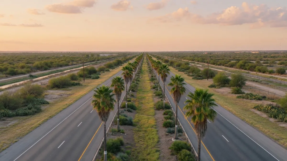 A divided South Texas roadway with palm medians, the kind of corridor that connects response zones across McAllen and Hidalgo County