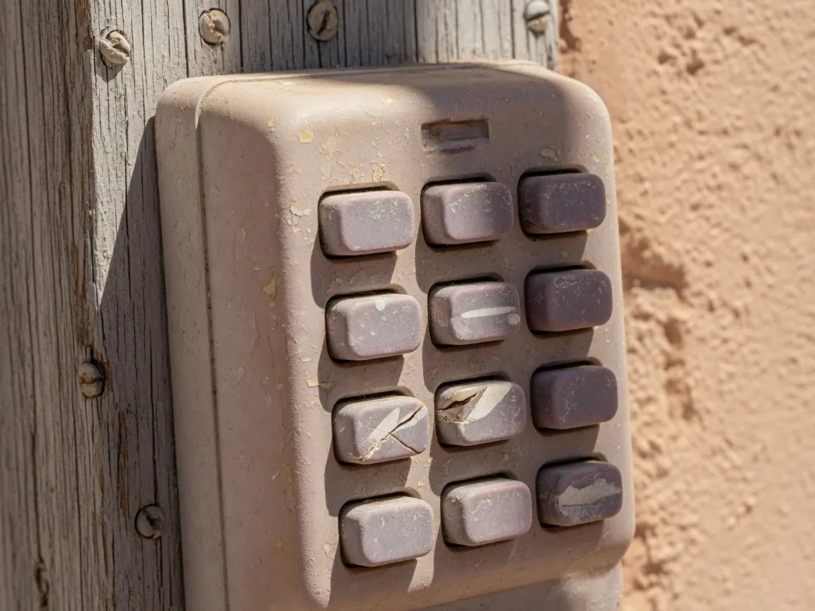 A weathered, sun-faded exterior garage door keypad with slightly discolored buttons in harsh daylight, El Paso, Texas