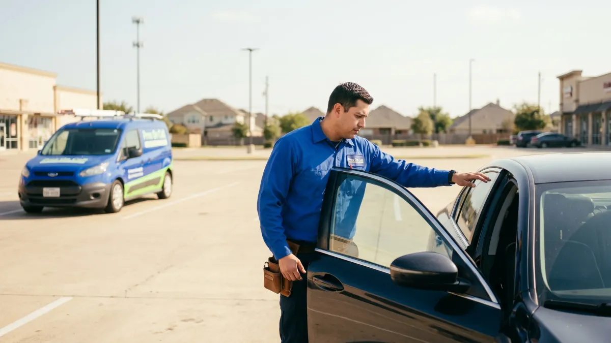 Pros On Call automotive locksmith installing a door lock on a vehicle in Austin TX