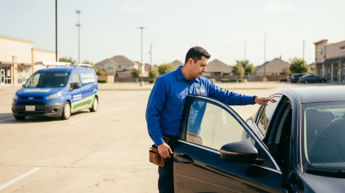Pros On Call technician performing automotive lock and key service in Texas