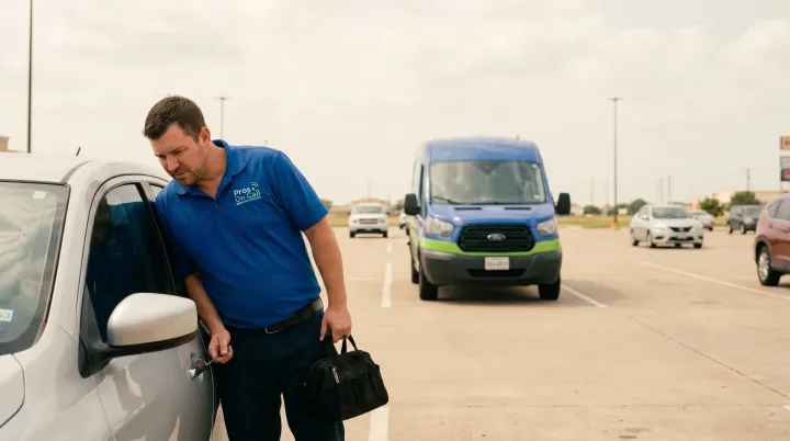 Pros On Call technician unlocking a car door in an Austin Texas parking lot, branded cobalt blue and lime-green service van parked behind.