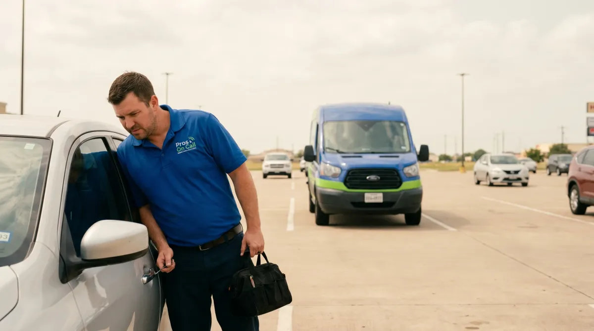 Pros On Call technician assisting with a vehicle lockout in Texas