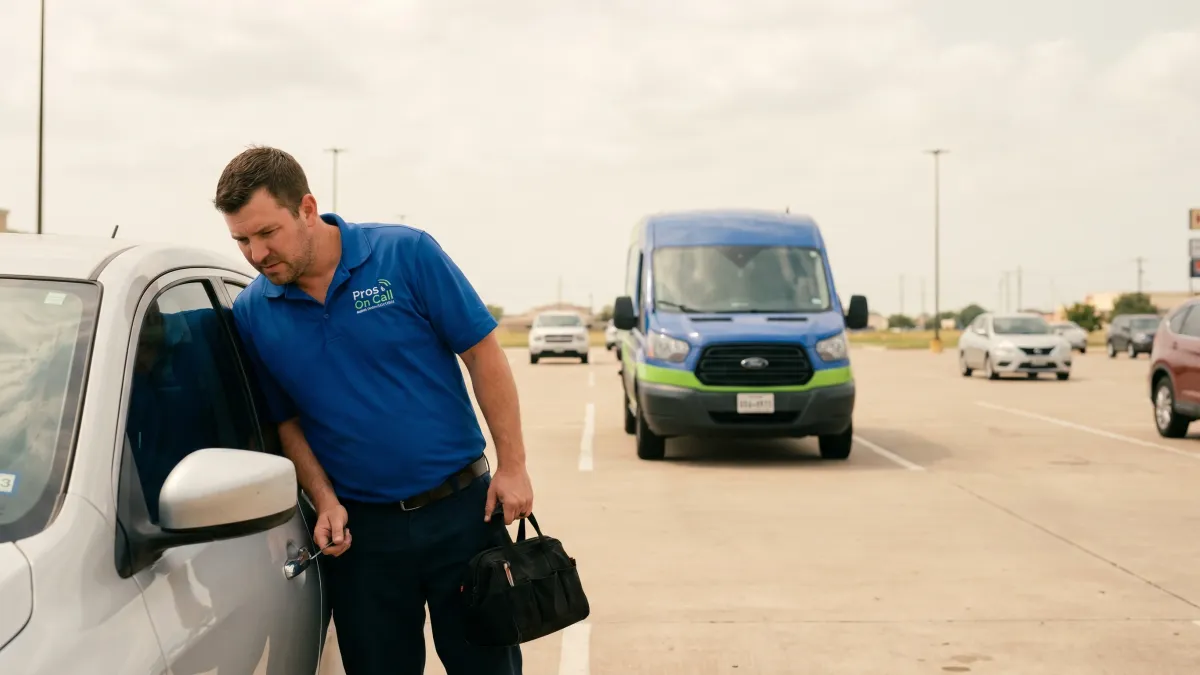 Pros On Call locksmith responding to a car lockout emergency in Austin TX