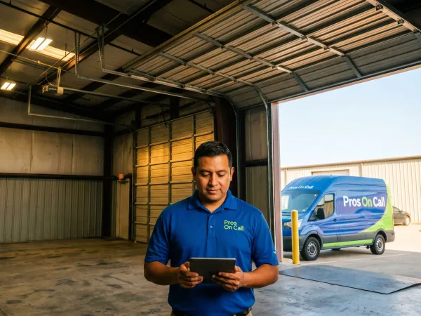 Jackshaft operator mounted beside a commercial sectional door in a Texas warehouse, Pros On Call service van visible through the open bay.
