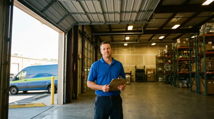 Pros On Call technician in cobalt blue uniform holding clipboard inside a commercial warehouse bay with heavy-duty sectional door raised, branded service van visible at curb through the open bay