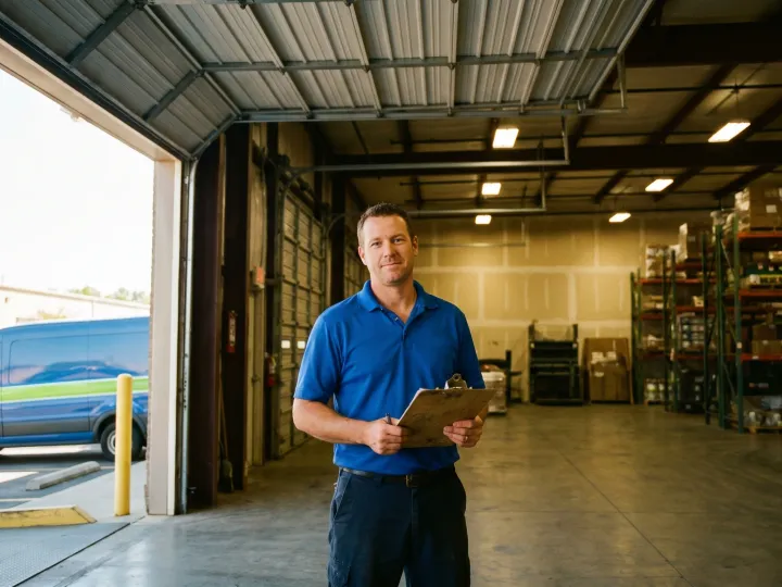 Pros On Call technician in cobalt blue uniform holding clipboard inside a commercial warehouse bay with heavy-duty sectional door raised, branded service van visible at curb through the open bay