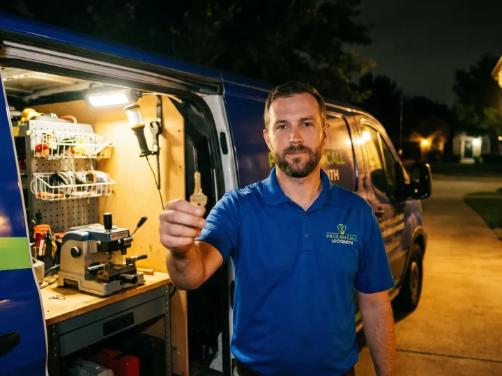 Pros On Call technician cutting a replacement key on a mobile key machine inside a cobalt blue branded service van, Austin residential neighborhood in the background.