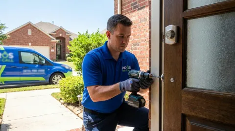 Pros On Call locksmith performing an emergency lock installation for a resident in Austin TX