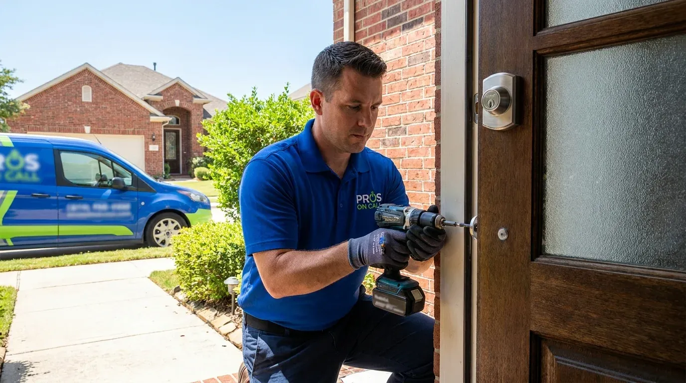 A Pros On Call technician drilling to install a deadbolt on a residential front door, service van parked in the driveway