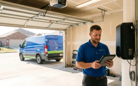 Pros On Call technician working inside an Austin TX garage with the door open