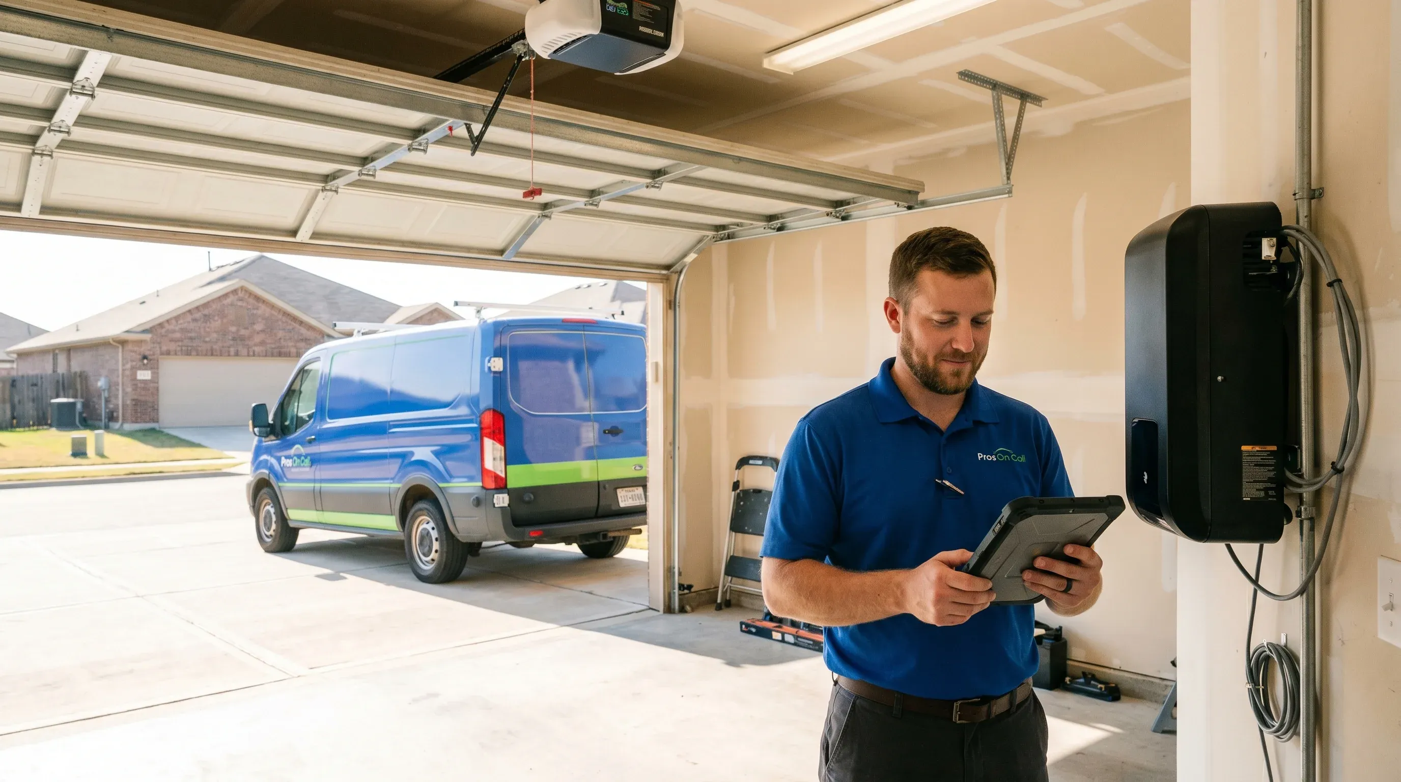 Pros On Call technician inspecting a garage door opener motor unit in Austin, Texas