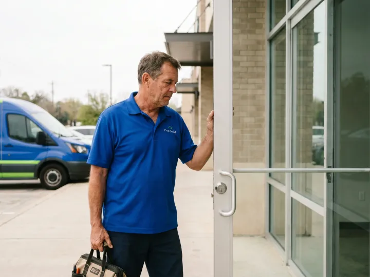 Pros On Call technician installing a GMS MX restricted keyway cylinder in a commercial door in Texas.
