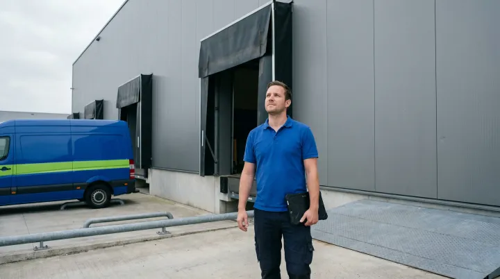 Pros On Call technician with tablet at commercial warehouse loading dock, cobalt blue and lime-green service van visible, high-speed fabric roll-up door partially open, Austin Texas