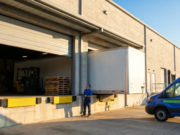 Pros On Call technician reviewing a tablet at a Texas warehouse loading dock bay with a sectional overhead door open and a semi-truck trailer backed in.