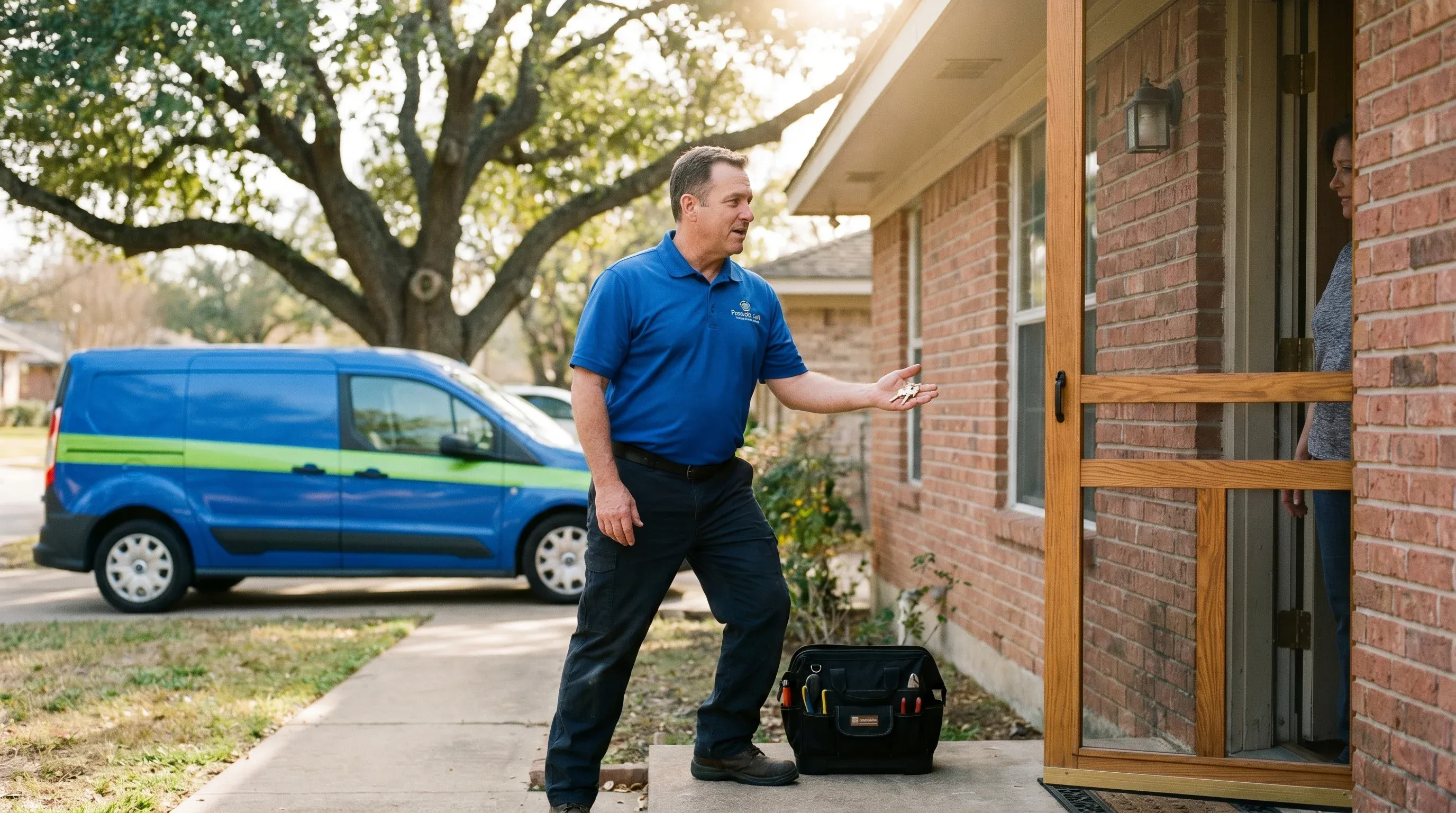 A Pros On Call technician holding keys and speaking with a homeowner at her front door, service van in the driveway