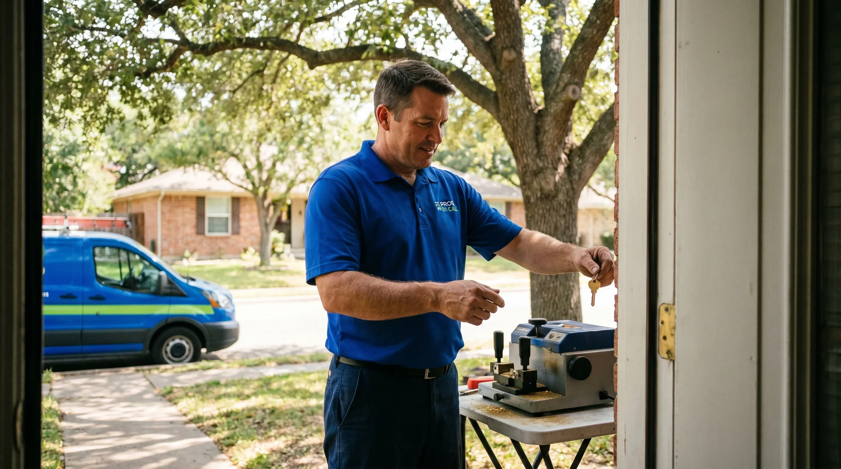 A Pros On Call technician cutting a new key on a portable key-cutting machine at a residential front door