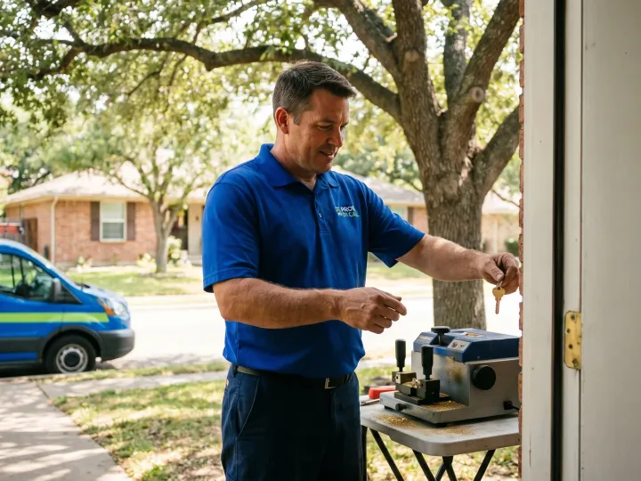 Pros On Call technician cutting a new house key on site at an Austin residential front door, cobalt blue branded service van visible at the curb.