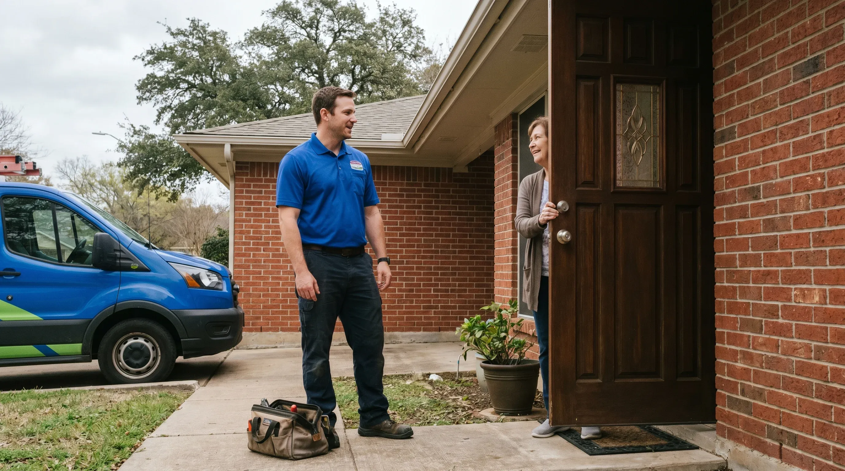 A Pros On Call technician speaking with a homeowner at her front door, service van parked in the driveway