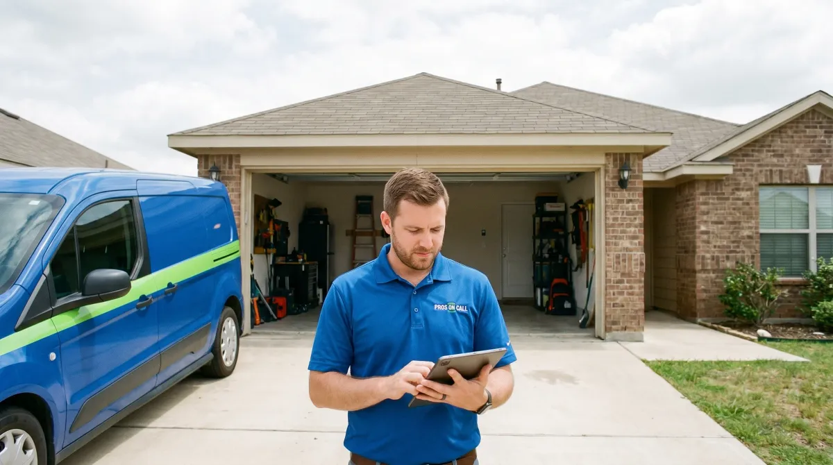 Pros On Call technician performing a scheduled garage door maintenance and safety inspection in Austin TX