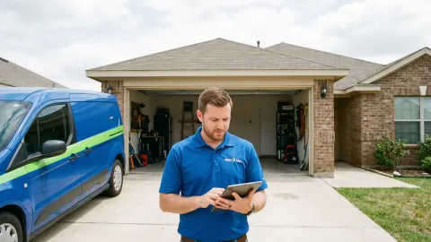 Pros On Call technician performing a scheduled garage door maintenance and safety inspection in Austin TX