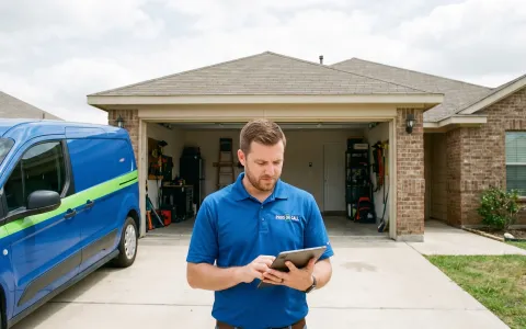 Pros On Call technician performing a scheduled garage door maintenance and safety inspection in Austin TX