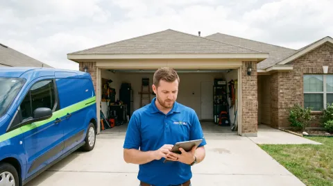 Pros On Call technician performing a scheduled garage door maintenance and safety inspection in Austin TX