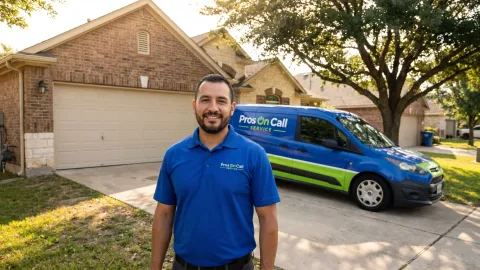 Pros On Call technician safely replacing a torsion spring on a residential garage door in Austin TX