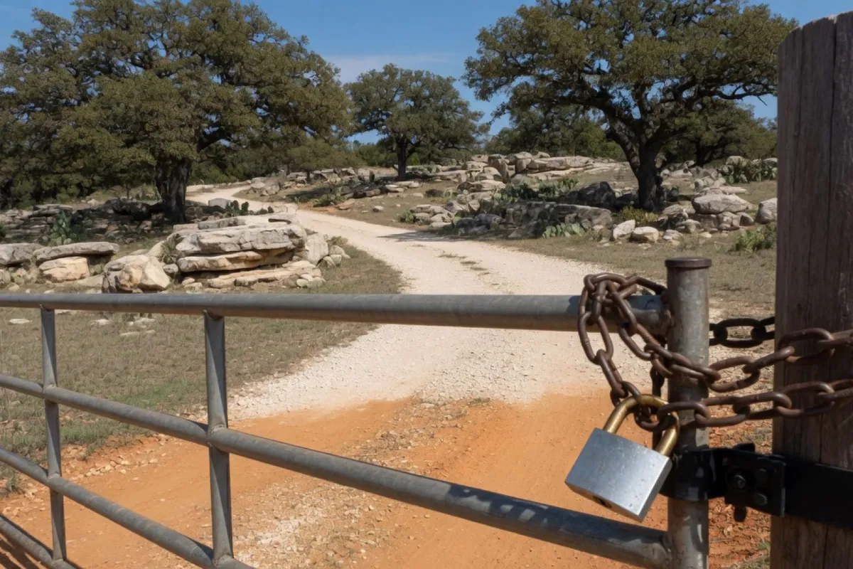 A rural Hill Country driveway gate secured with a padlock near Wimberley, Texas, with a tree line in the background