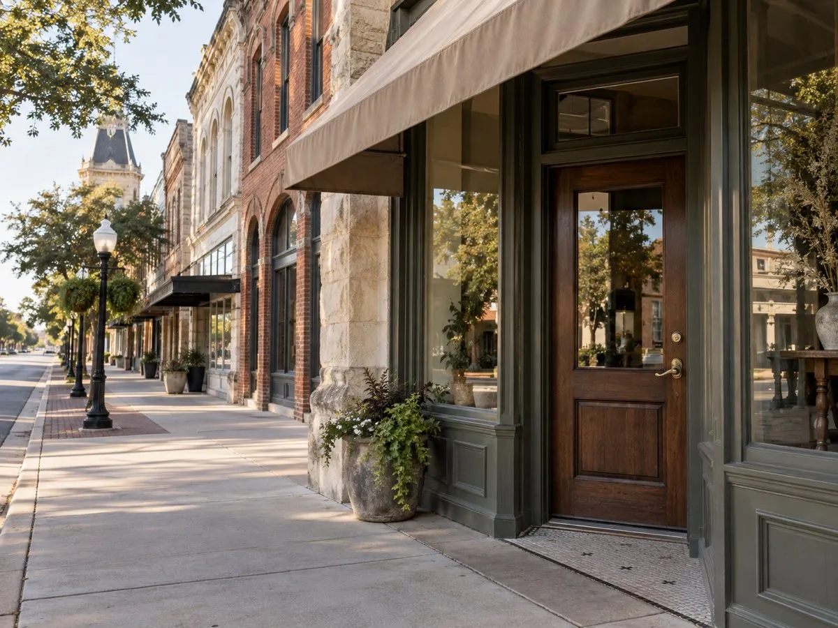 Recessed dark wood storefront door with a brass lever handle and transom under an awning on historic Main Street in Bastrop
