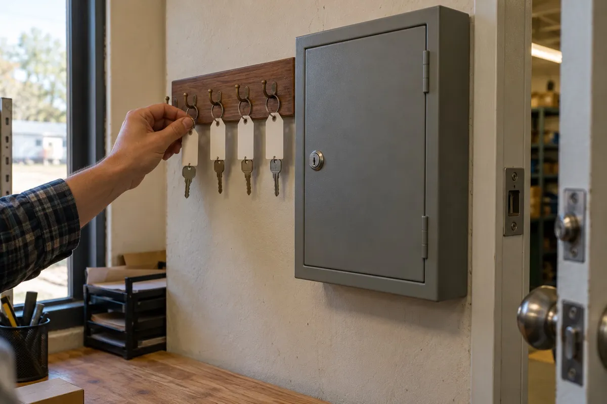 Wall hook board with blank key tags and a small steel key cabinet in the back office of a small shop