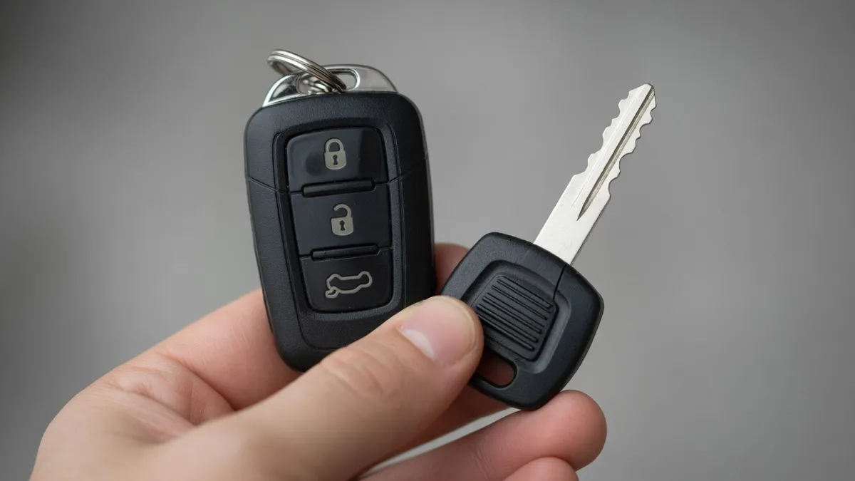 A hand holding a generic key fob next to a mechanical key blade, illustrating the difference between fob electronics and a full key