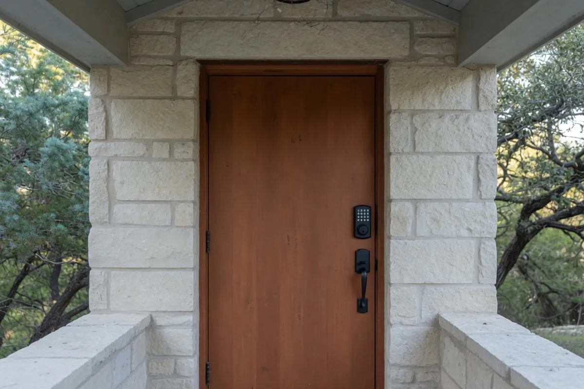 A limestone home entry with a keypad deadbolt above a keyed handle set on a wooden door, shaded by a porch, with cypress and oak behind it near Wimberley, Texas