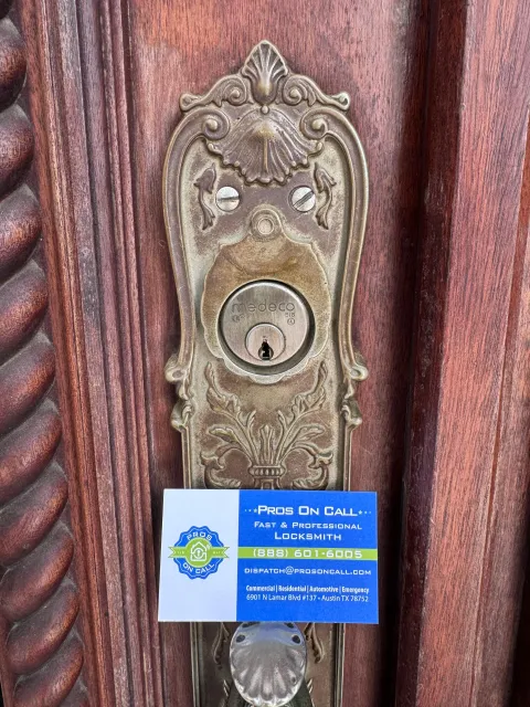 Close-up of an ornate brass residential deadbolt in Austin TX, representing high-grade ANSI lock quality for home security