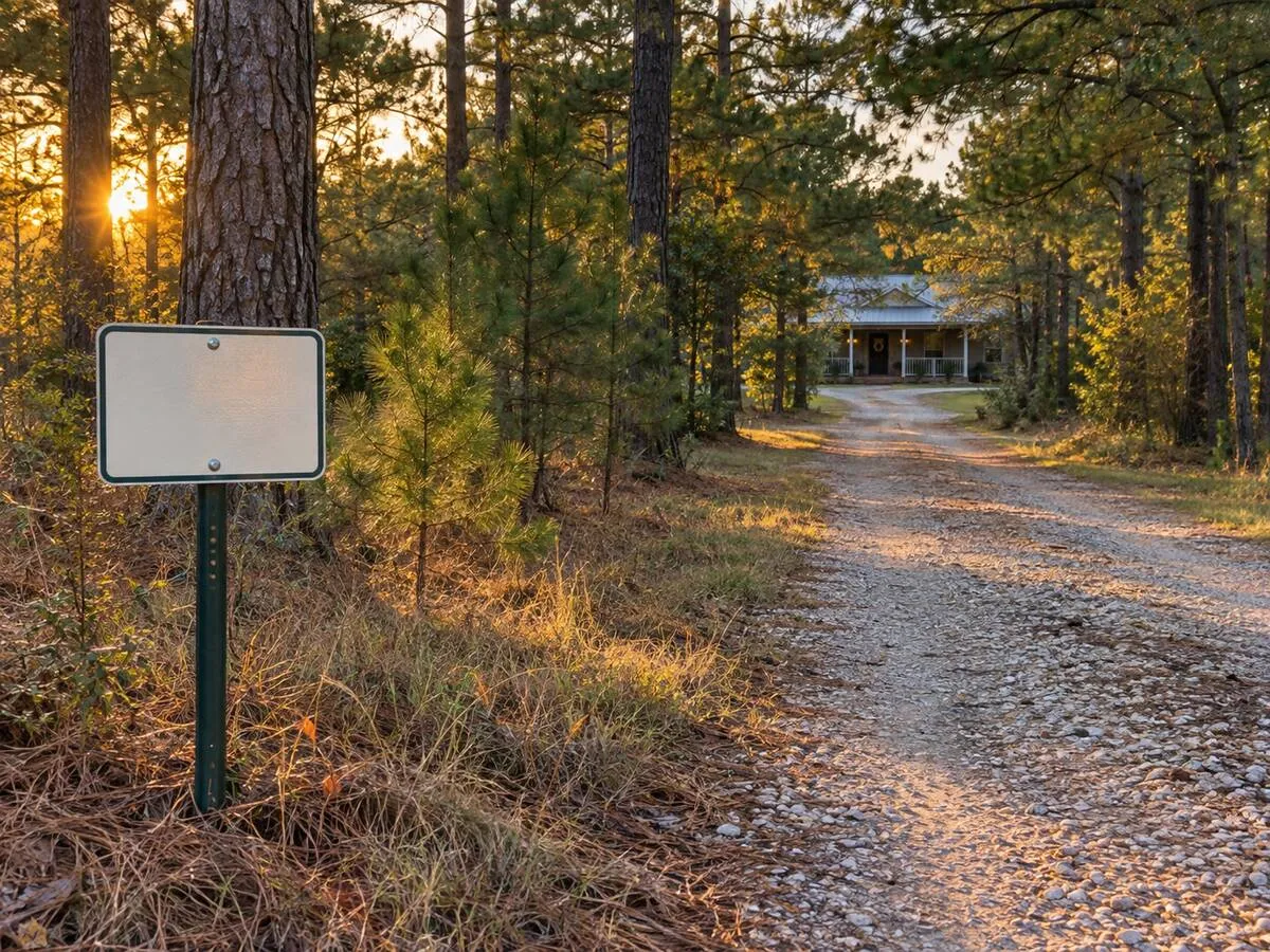Gravel driveway and blank address post beneath tall loblolly pines at a Lost Pines home near Bastrop