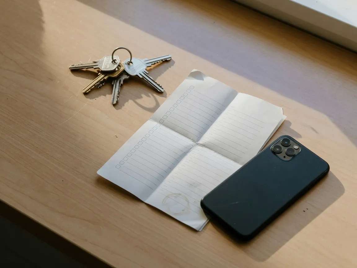 A flat lay on a wood table of a set of house keys, a folded paper checklist with blank checkboxes, and a smartphone, the items a caller gathers before dialing a locksmith on moving day in Austin, Texas