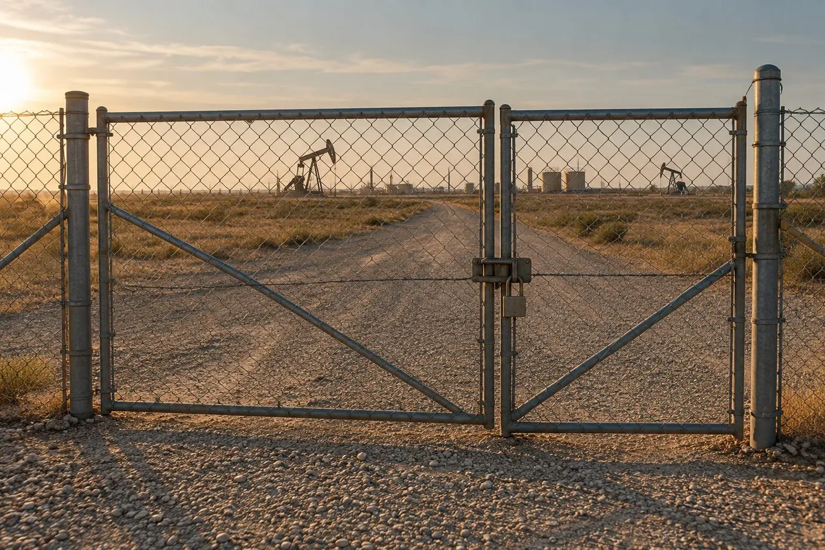 A fenced industrial gate with padlock and access hardware at an oilfield-adjacent facility near Odessa, Texas