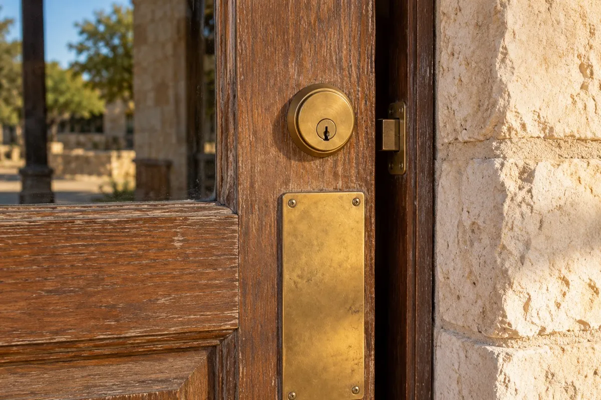 Weathered wood storefront door with an older brass lock and push plate in a limestone entry in warm afternoon light