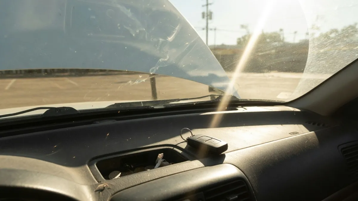 Interior of a parked car in hard direct Austin, Texas sunlight, with heat haze visible through the windshield and a plain, unbranded key fob and keyring lying on the dashboard