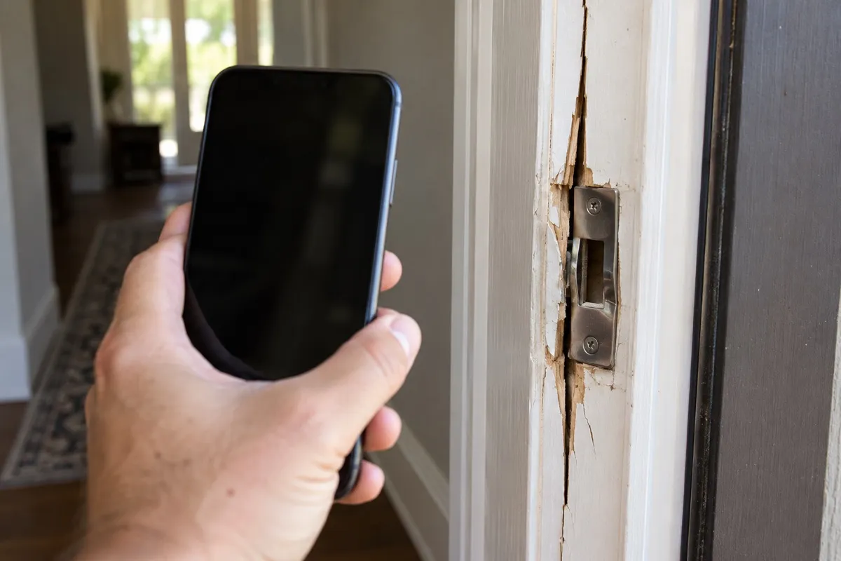 A hand holding a phone up to photograph a cracked wood door jamb and its strike plate after a break-in